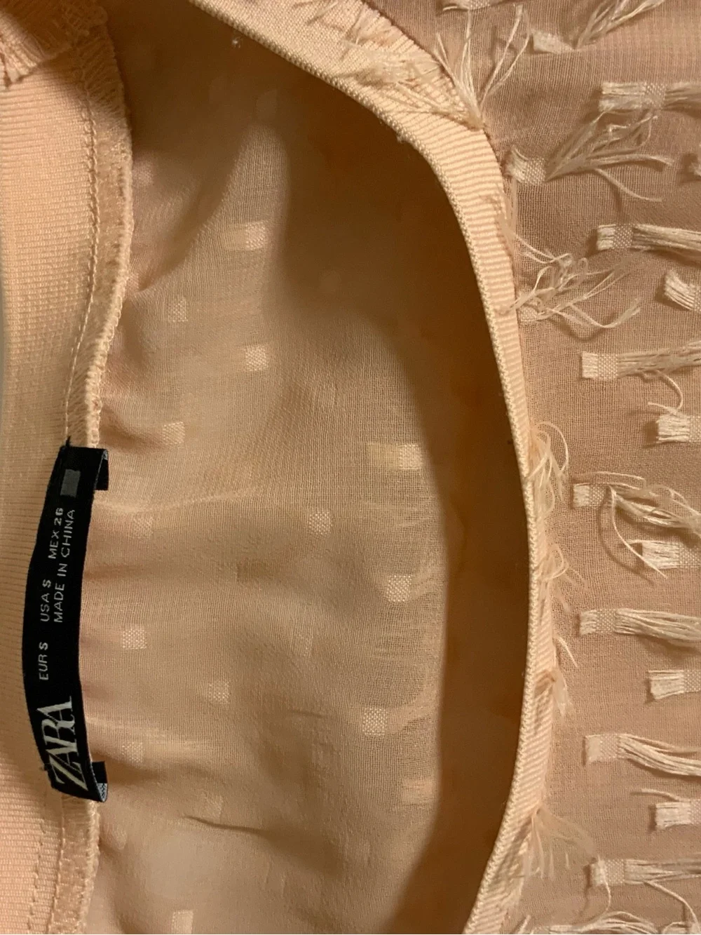 Zara Peach Textured Fringe Puff-Sleeve Top